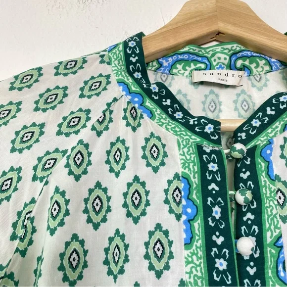 Sandro Paris Green Naima Mix Print Mini Dress Long Sleeve - Picture 6 of 8